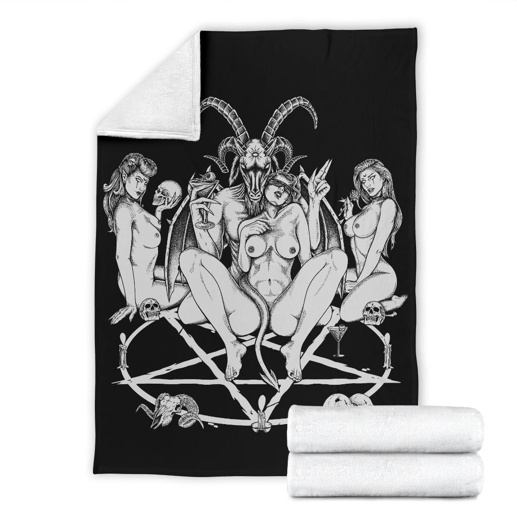 Skull Satanic Baphomet Goat Pentagram Lust God Naughty And Lovin It Cocktail Flesh Party Blanket Black And White