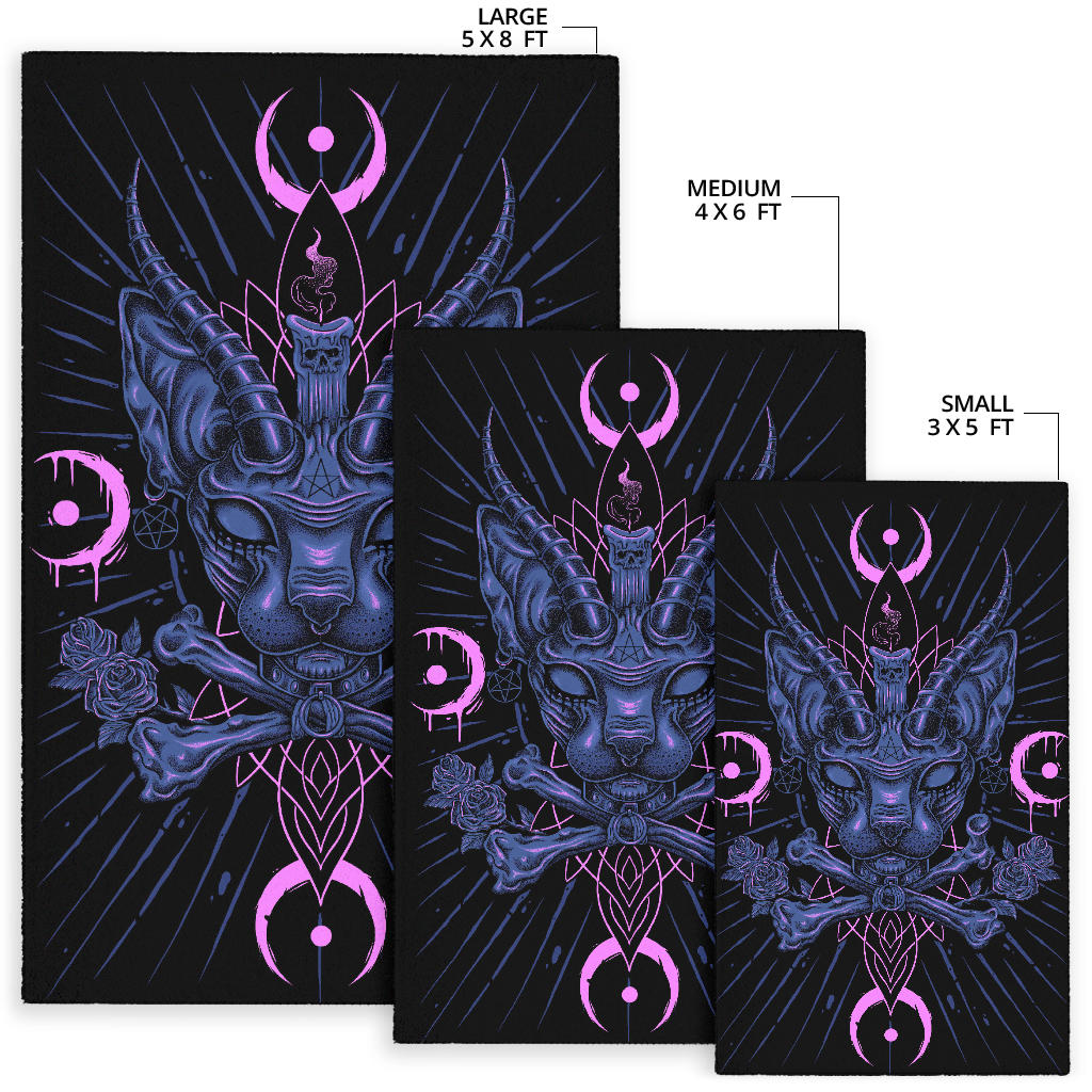 Skull Gothic Occult Black Cat Unique Sphinx Style Part 2 Area Rug Blue Pink Tint