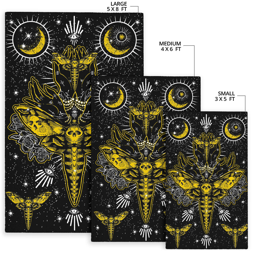 Skull Moth Secret Society Occult Style Area Rug Black And White Yellow