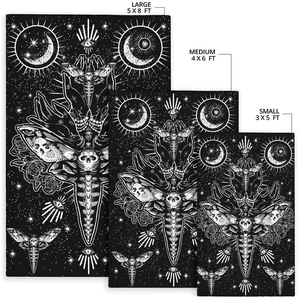 Skull Moth Secret Society Occult Style Area Rug Black And White Version