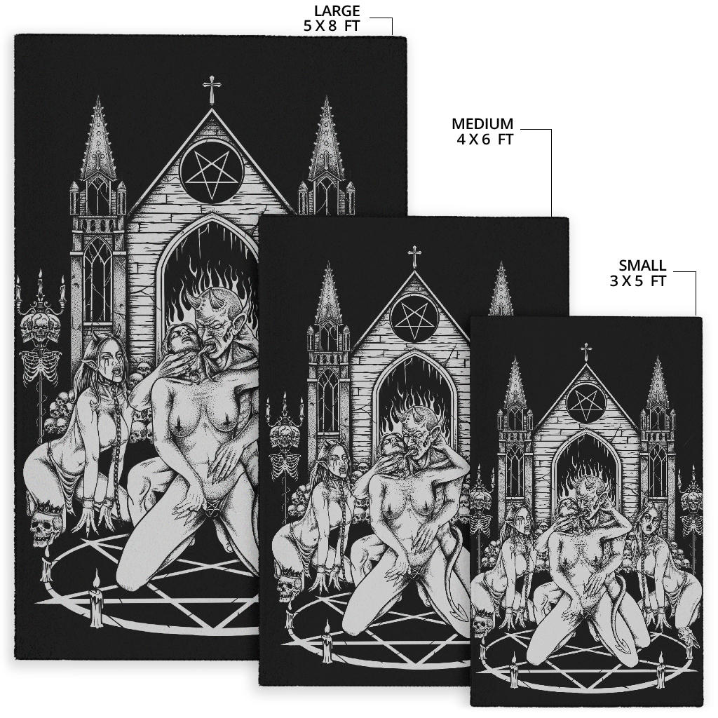 Skull Satanic Pentagram Demon Lucifer's Chapel Of Flesh Area Rug Black And White
