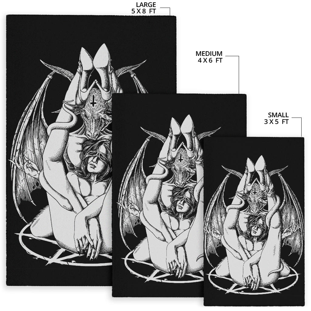Satanic Pentagram Satanic Cross Serpent Bat Wing Demon Inception Area Rug Black And White