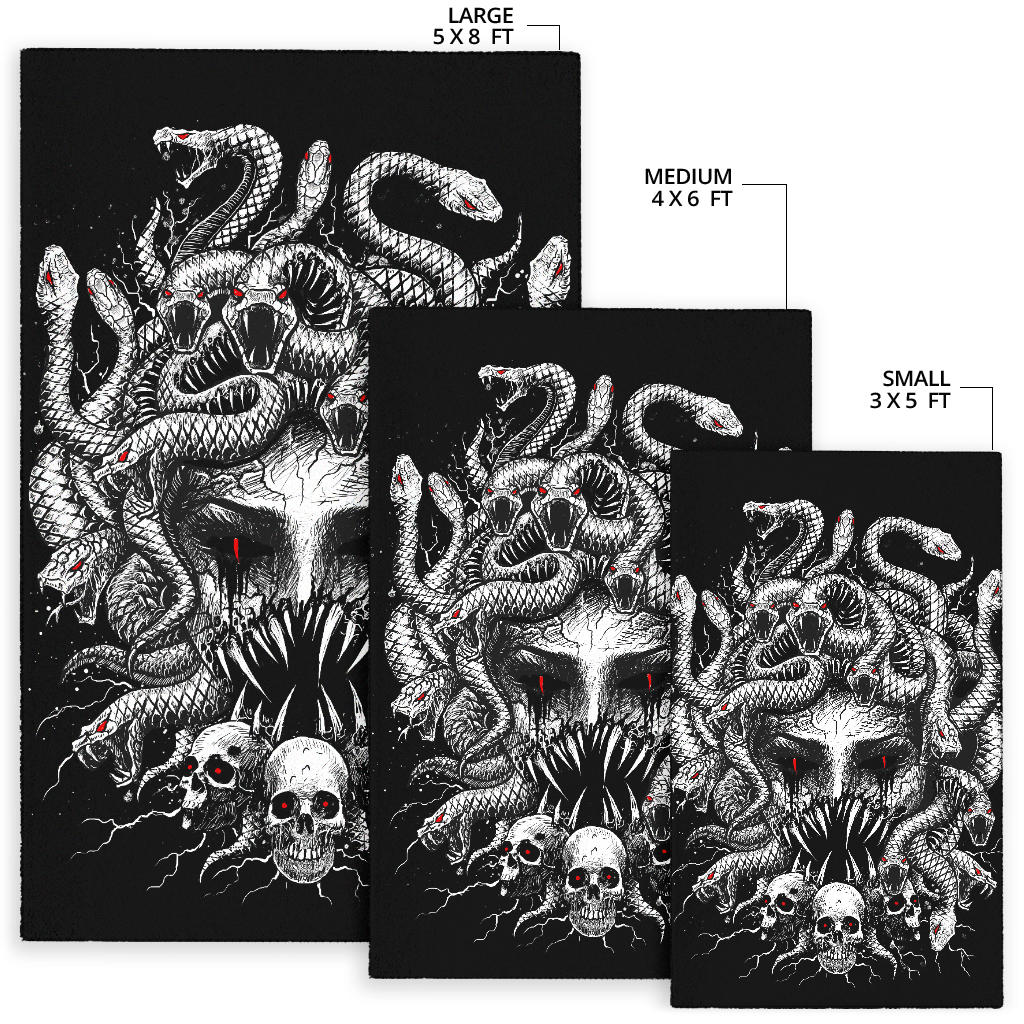 Skull Medusa Demon Goddess Eternal Revenge Of the Injustice Violation Area Rug Black And White Red Version