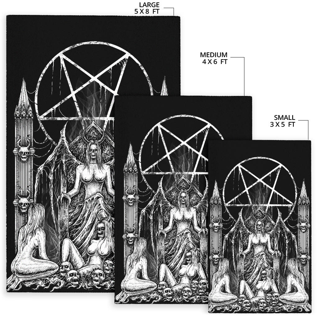 Skull Satanic Pentagram Lust Throne Area Rug Black And White Smoke Flame