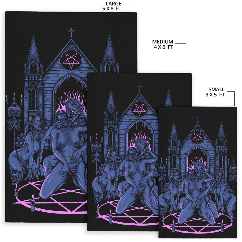 Skull Satanic Pentagram Demon Lucifer's Chapel Of Flesh Area Rug Sexy Blue Pink