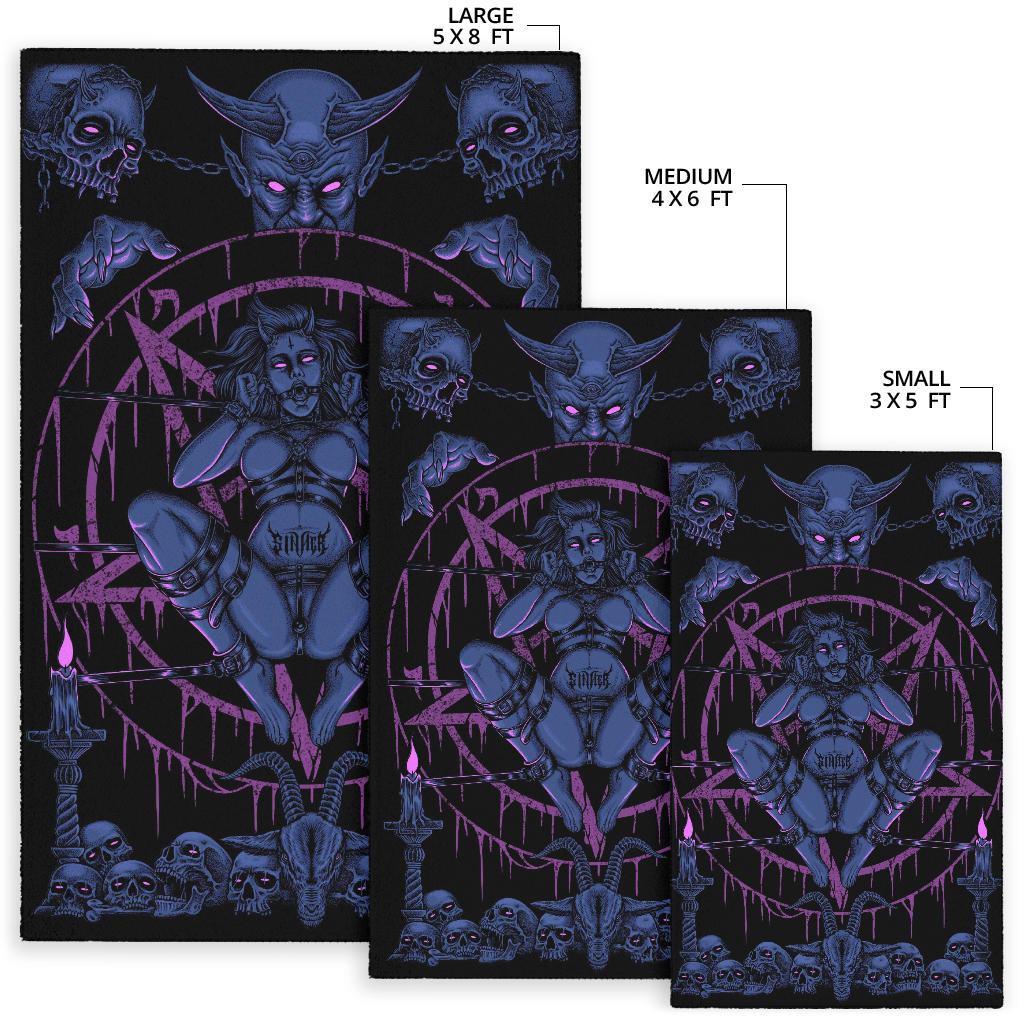 Skull Demon Satanic Baphomet Goat Satanic Pentagram Chained To Sin And Lovin It Watching Over The Sinner Area Rug Erotic Blue Pink
