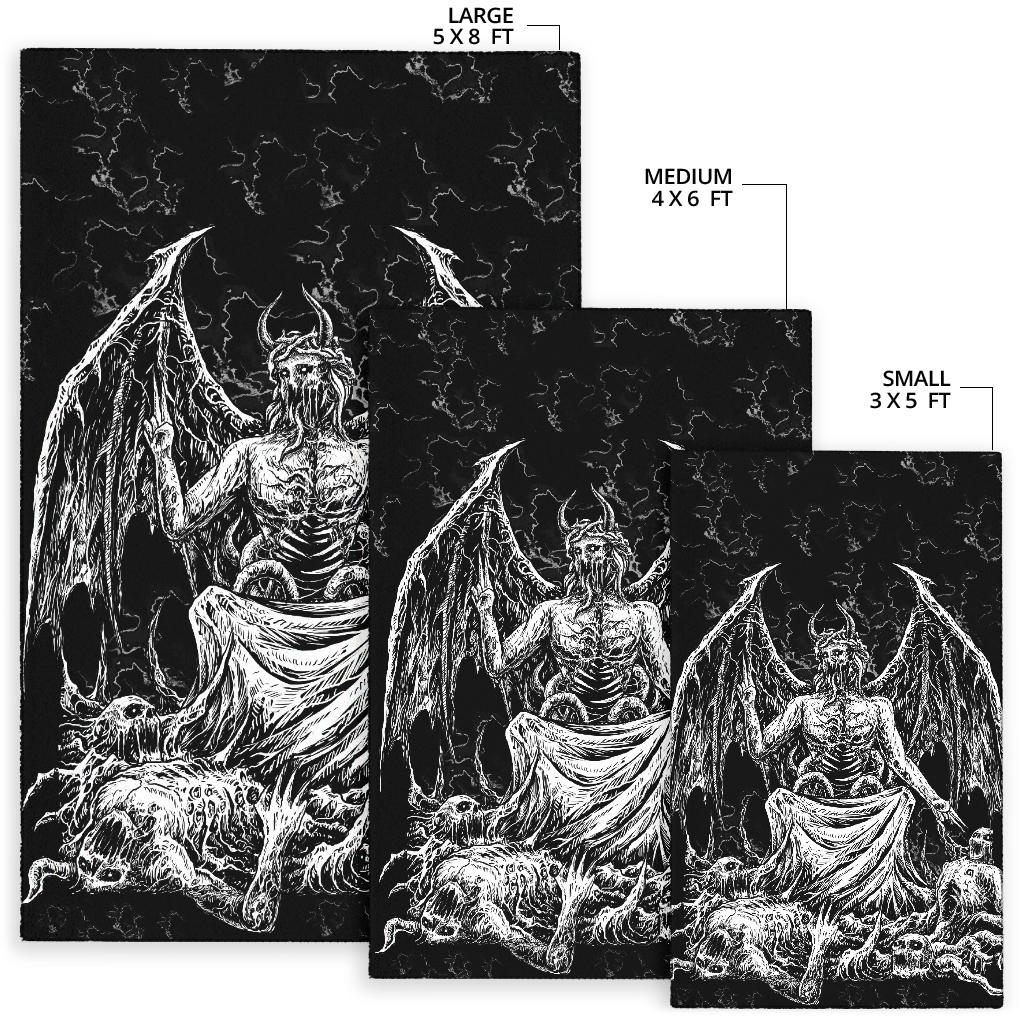 Skull Skeleton Satanic Bat Wing Demon God Area Rug Black And White