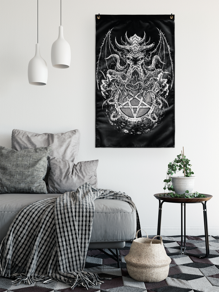 Skull Gothic Satanic Pentagram Demon Octopus Wall Flag