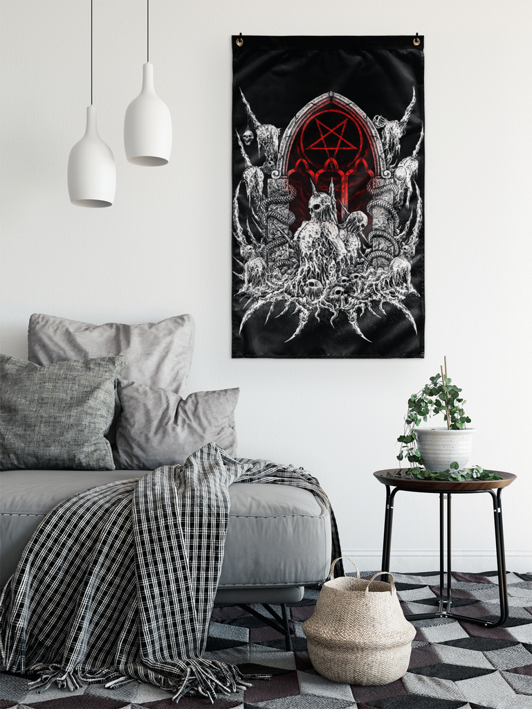 Skull Satanic Pentagram Shrine New Red With White Wall Decoration Flag