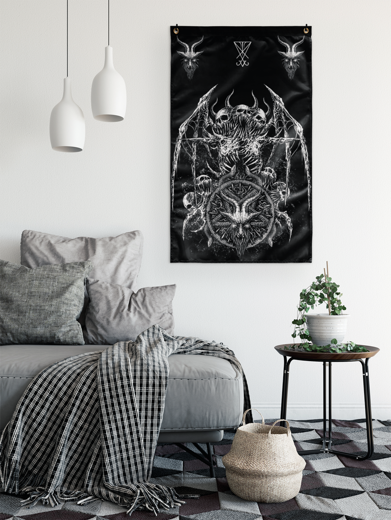 Skull Satanic Demon Goat Satanic Pentagram Serpent Bat Wing Wall Flag Decoration