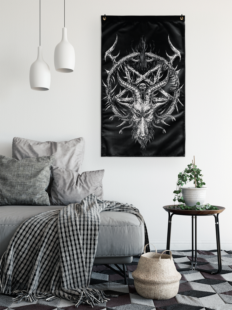 Skull Satanic Goat Satanic Pentagram Serpent Demon Wall Flag