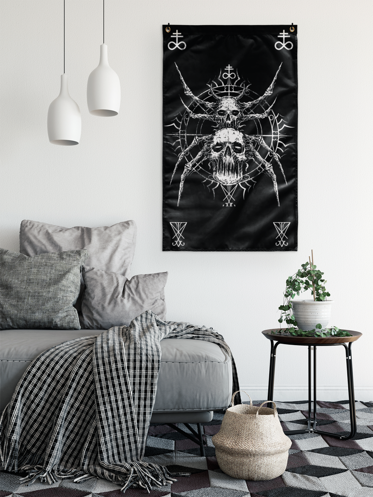 Skull Gothic Satanic Spider Wall Flag Black And White Version