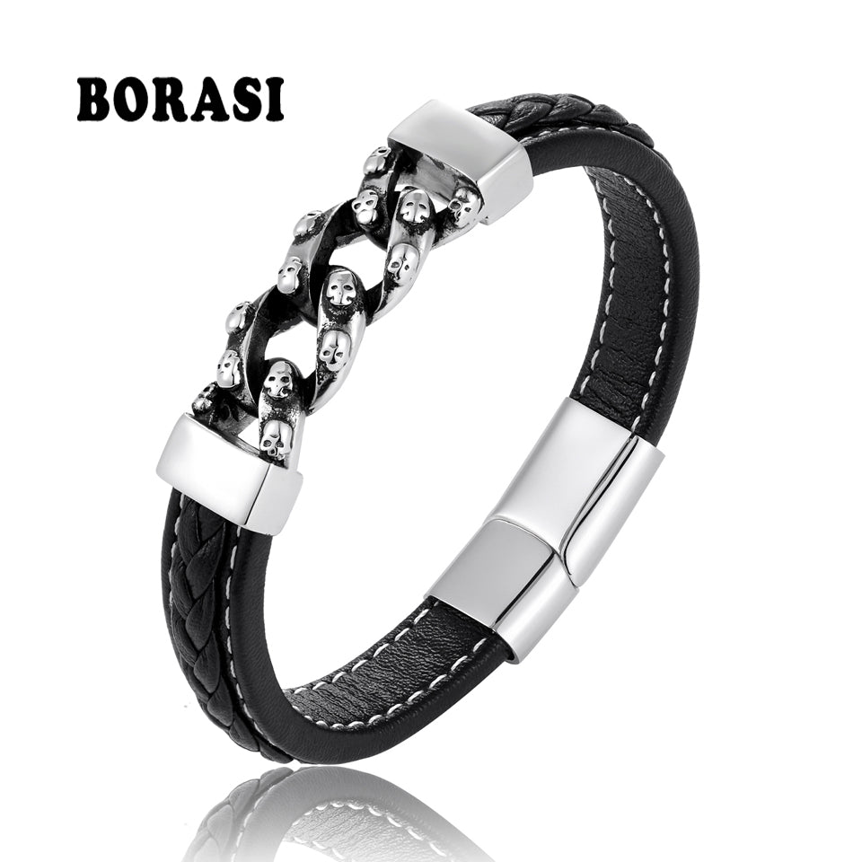 BOBASI Pirate Style Genuine Leather Skull Bracelets&Bangles 316L Stainless Steel Magnetic Clasp Punk Bracelets Wholesale Bangle