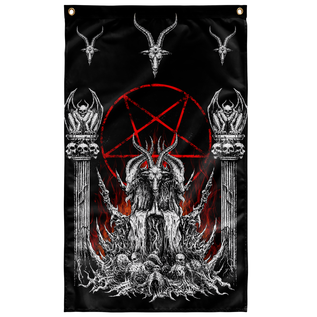 Skull Skeleton Satanic Goat Wall Flag Black And White Flame