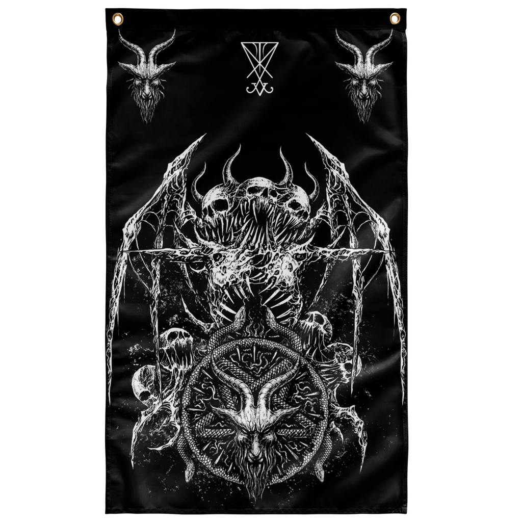 Skull Satanic Demon Goat Satanic Pentagram Serpent Bat Wing Wall Flag Decoration