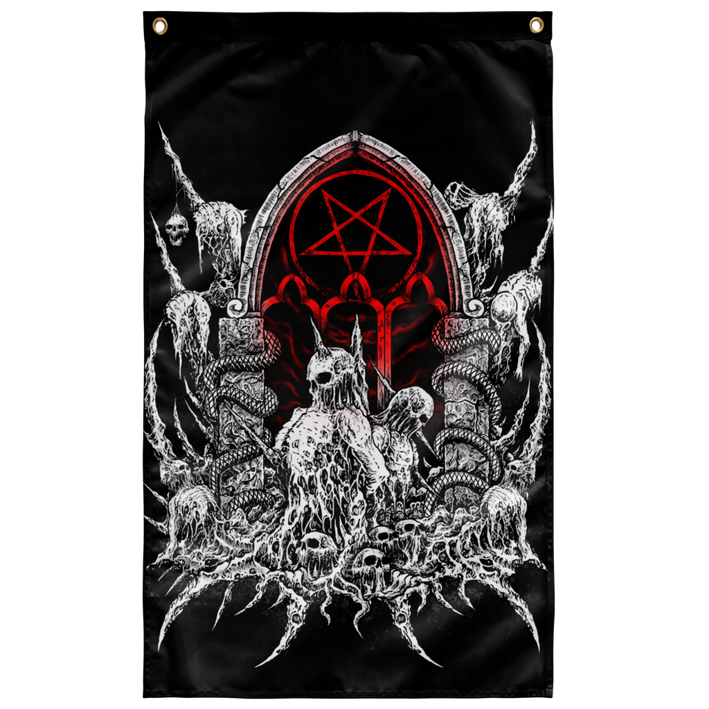 Skull Satanic Pentagram Shrine New Red With White Wall Decoration Flag