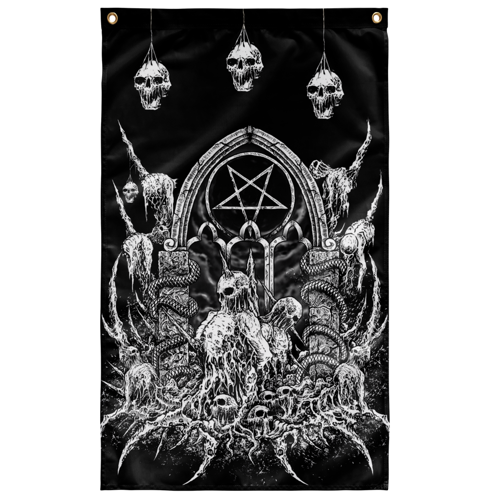 Skull Satanic Pentagram Shrine Wall Flag Black And White